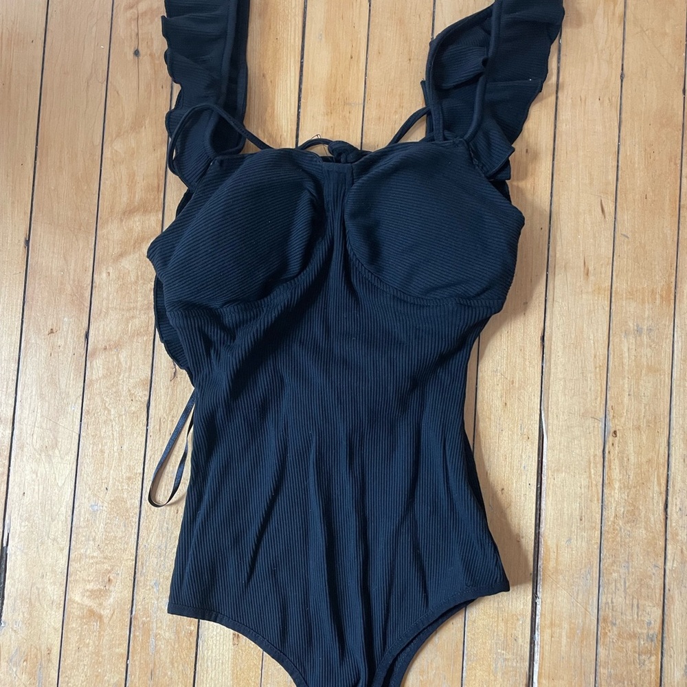 Honey Punch Black Bodysuit with Ruffle Details